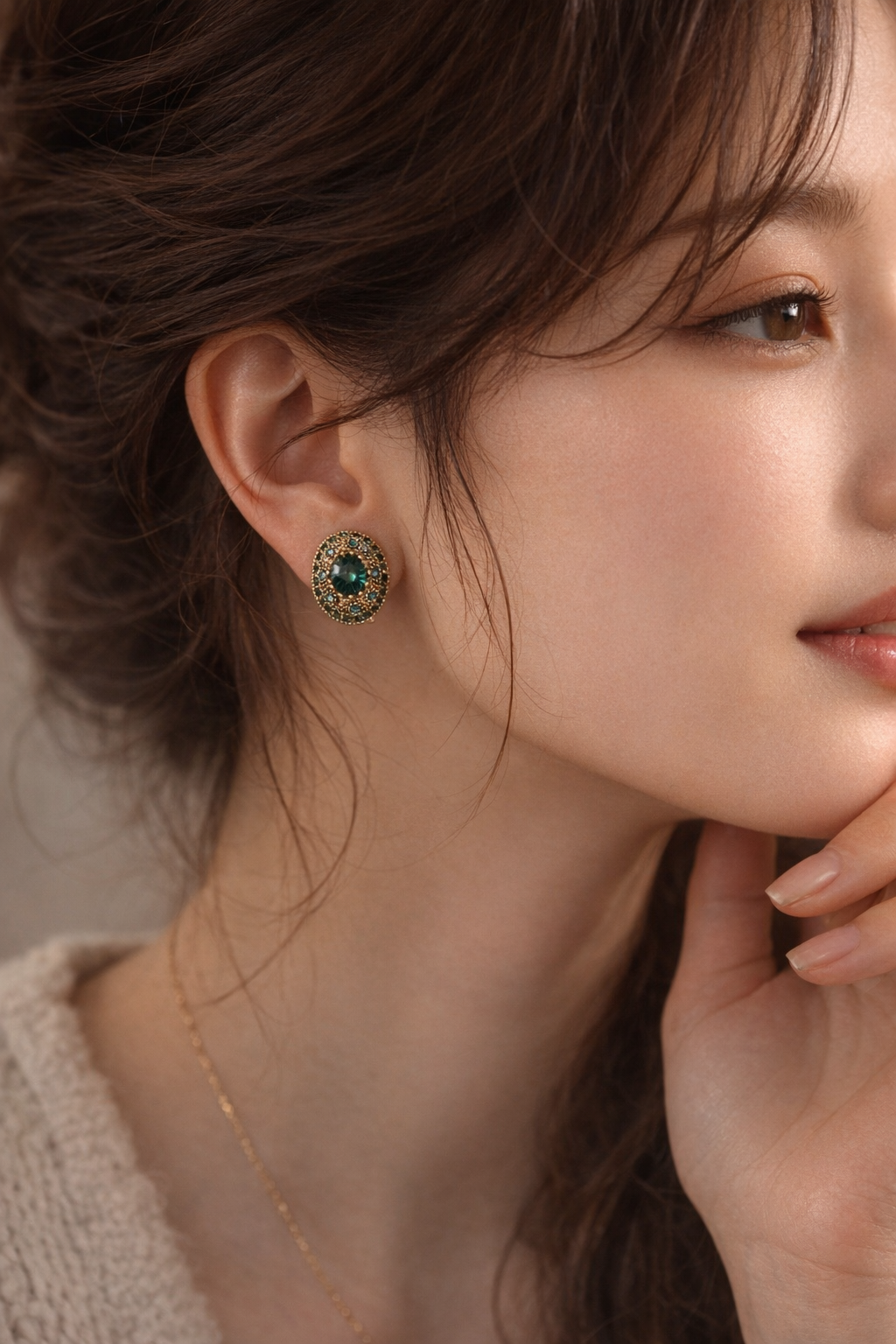 Vintage Emerald Oval Diamond Stud Earrings