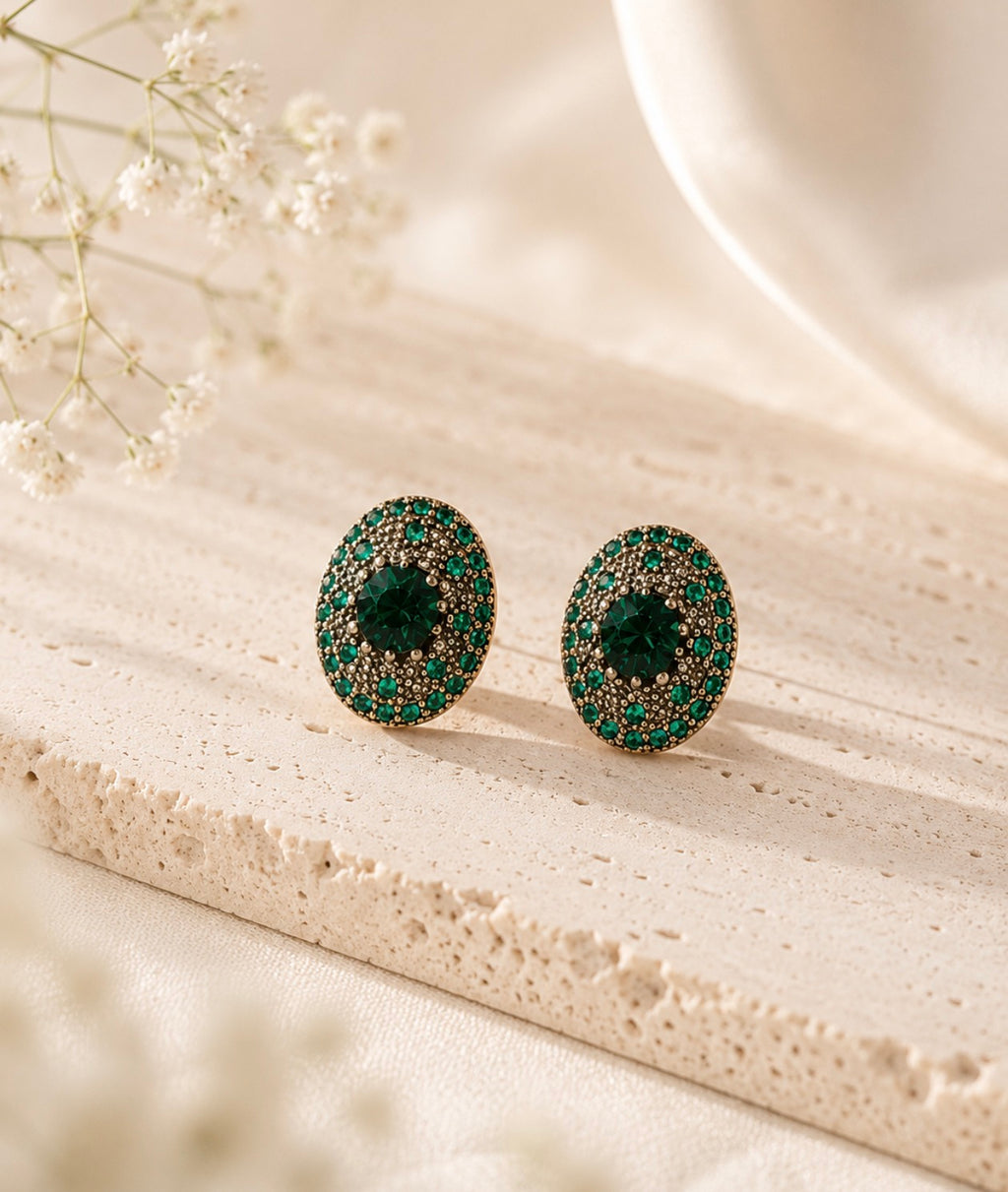 Vintage Emerald Oval Diamond Stud Earrings
