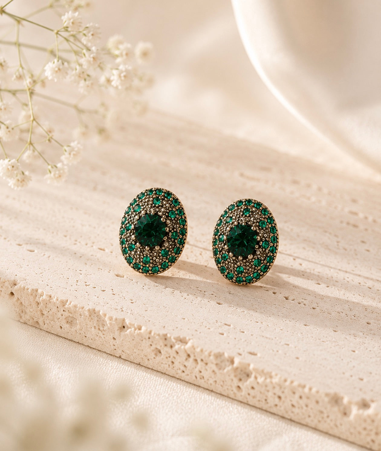 Vintage Emerald Oval Diamond Stud Earrings