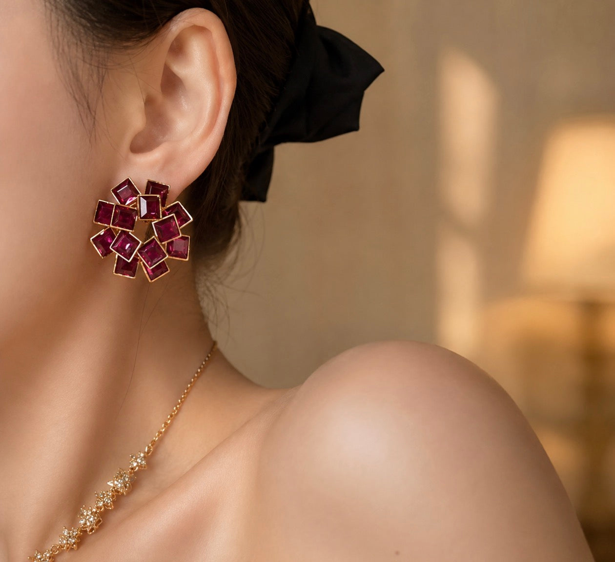 Champagne/ Ruby Floral Earrings
