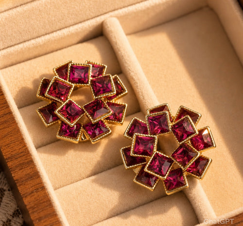 Champagne/ Ruby Floral Earrings