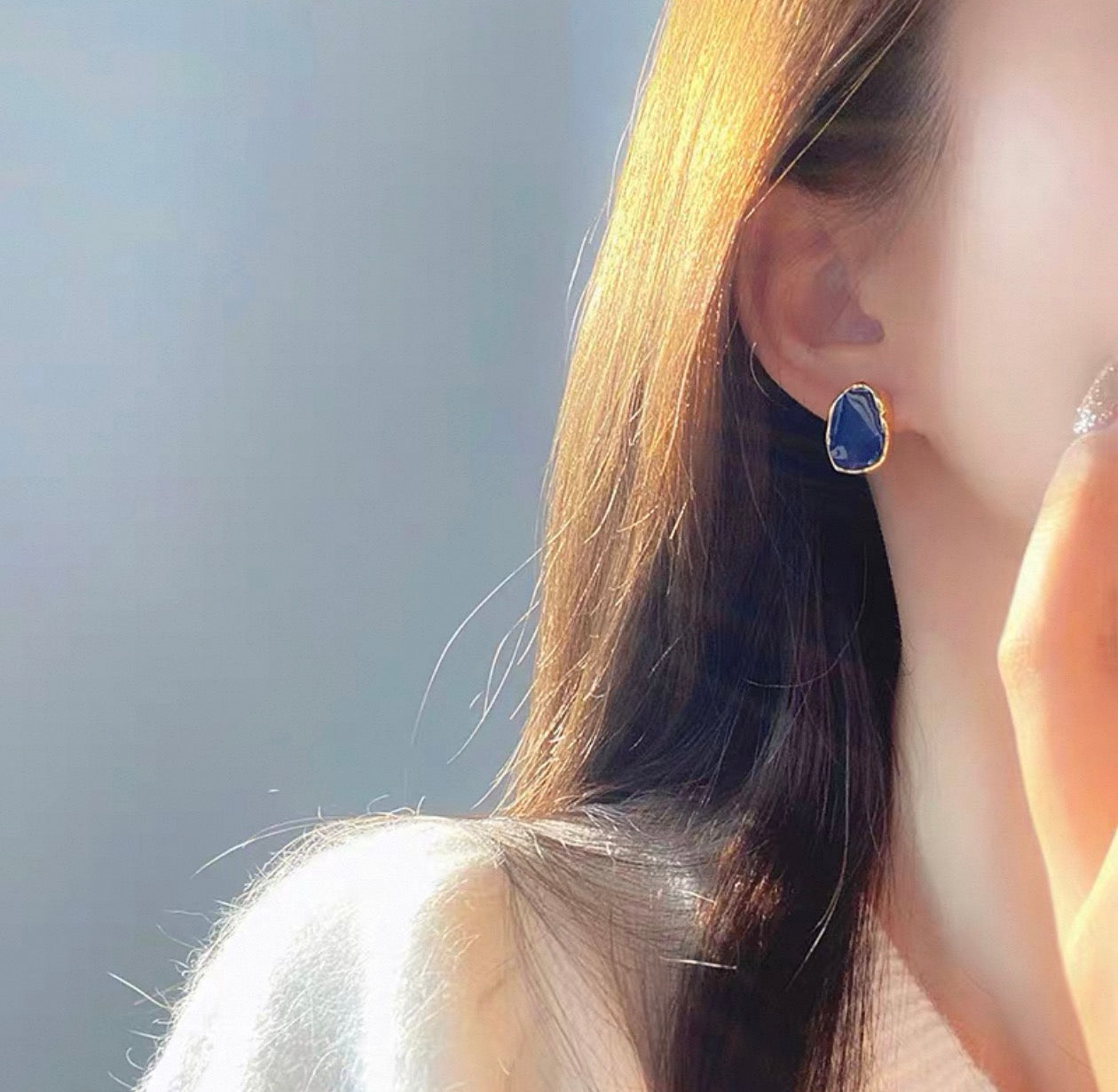 French-style oval blue enamel stud earrings