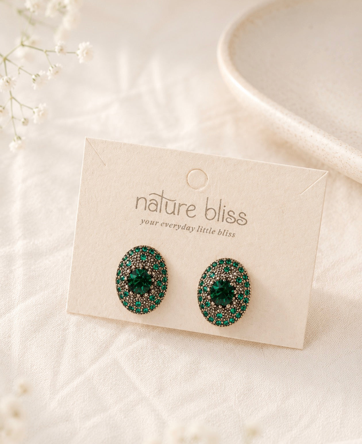 Vintage Emerald Oval Diamond Stud Earrings